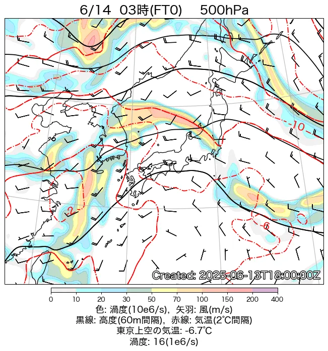 2025年6月14日の日本周辺の500hPa天気図（3時）