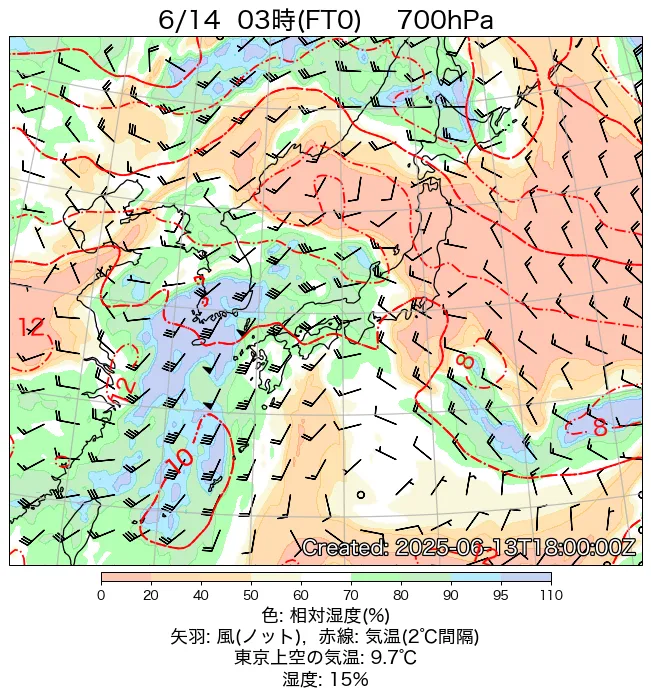 2025年6月14日の日本周辺の700hPa天気図（3時）