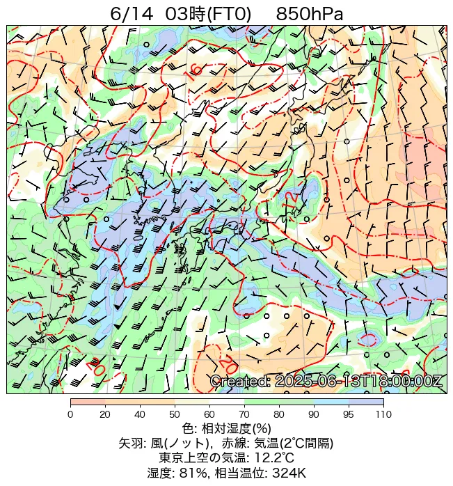 2025年6月14日の日本周辺の850hPa天気図（3時）