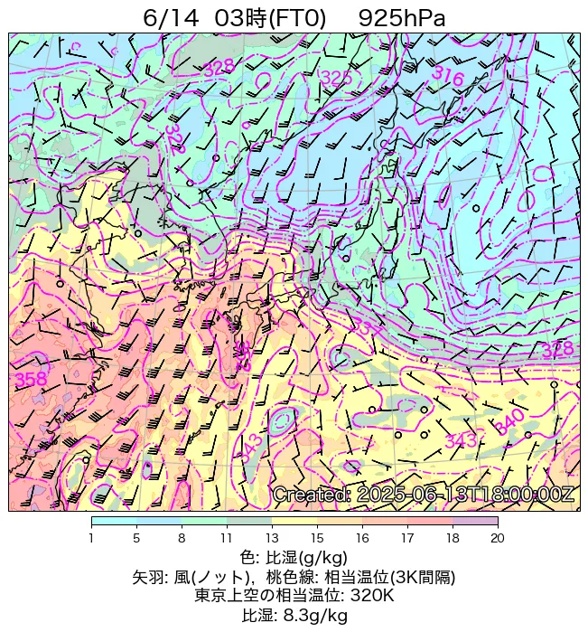 2025年6月14日の日本周辺の925hPa天気図（3時）