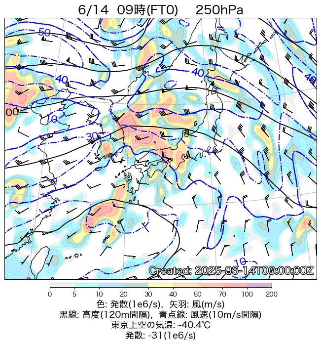 2025年6月14日の日本周辺の250hPa天気図（9時）