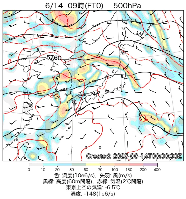 2025年6月14日の日本周辺の500hPa天気図（9時）