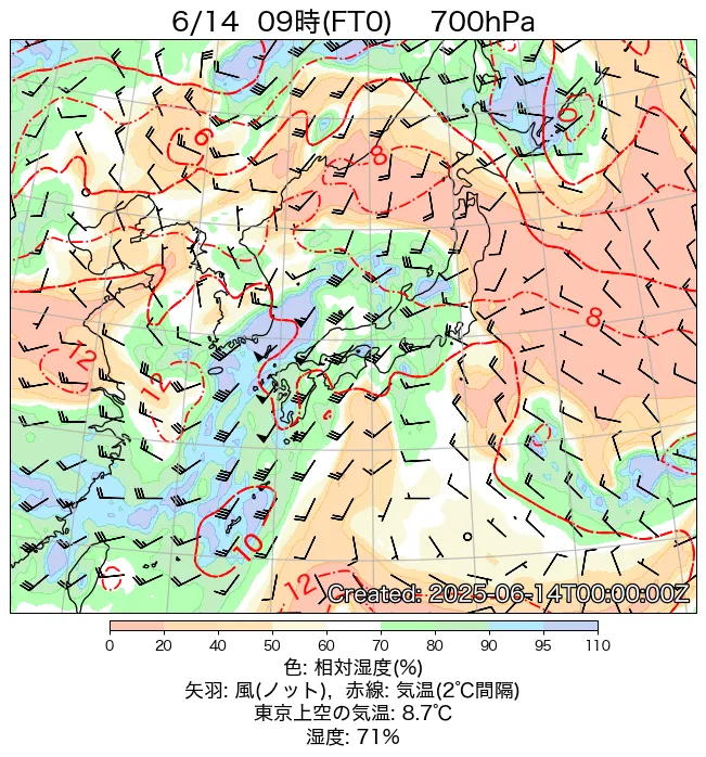 2025年6月14日の日本周辺の700hPa天気図（9時）