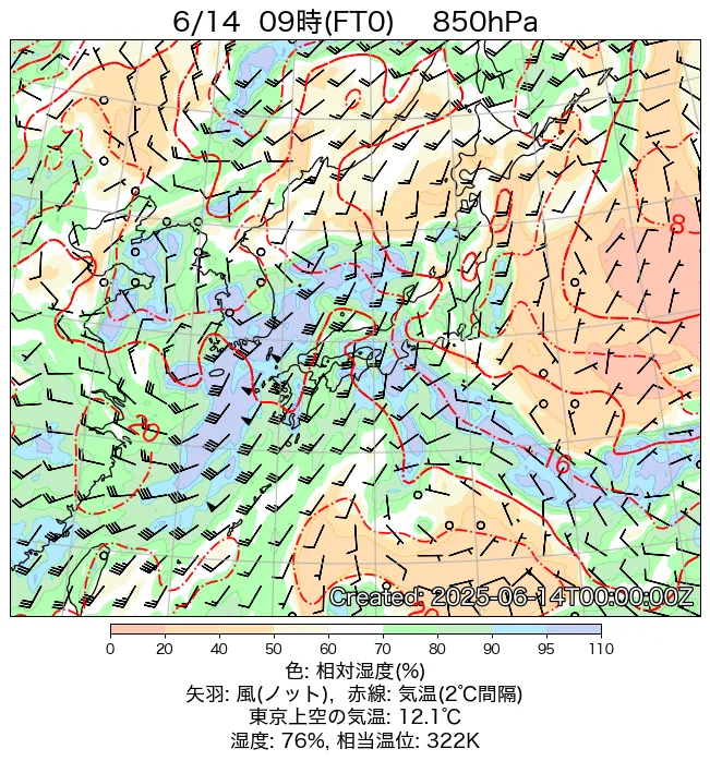 2025年6月14日の日本周辺の850hPa天気図（9時）