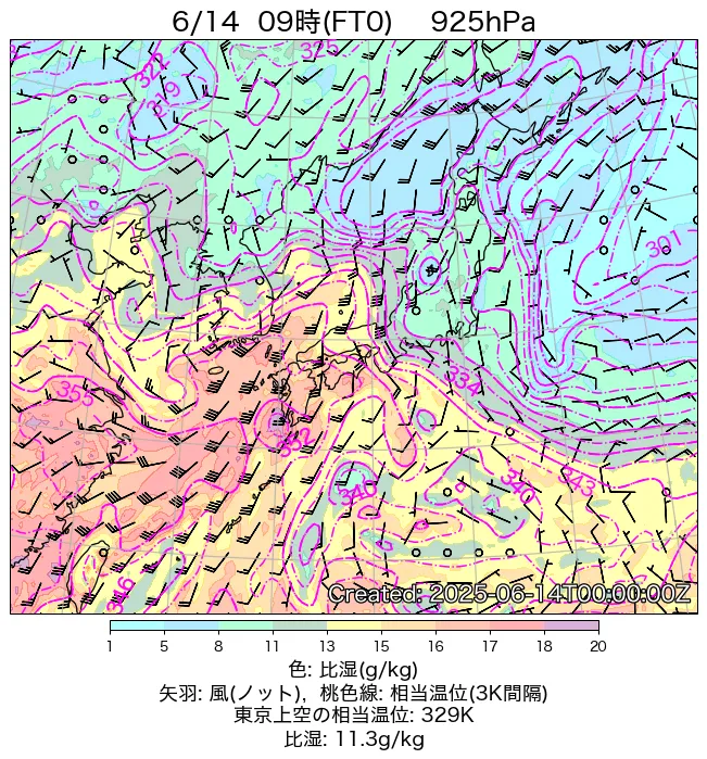 2025年6月14日の日本周辺の925hPa天気図（9時）