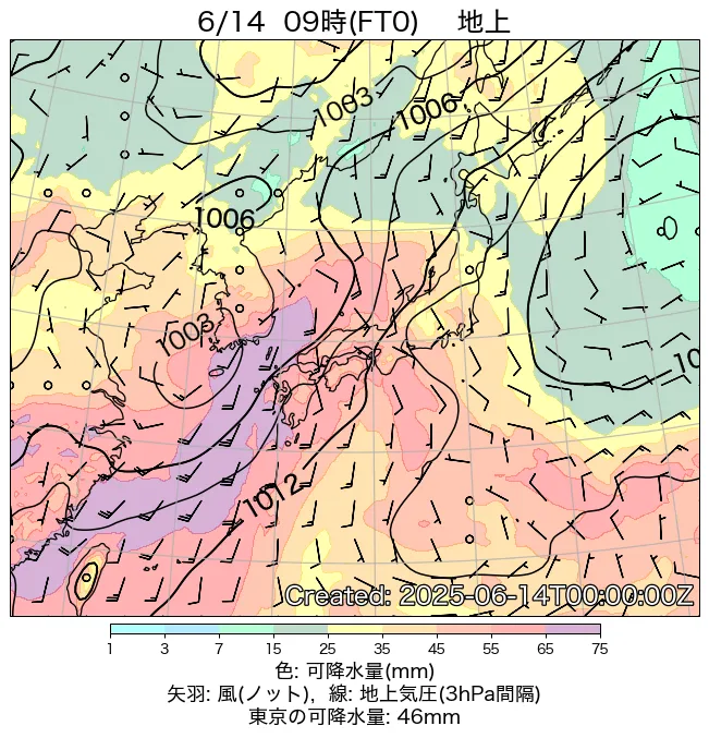 2025年6月14日の日本周辺の地上天気図（9時）