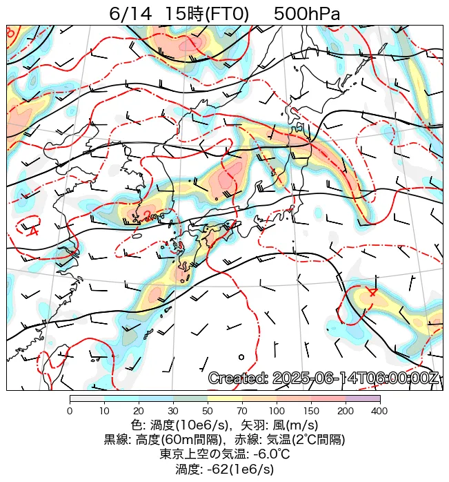 2025年6月14日の日本周辺の500hPa天気図（15時）