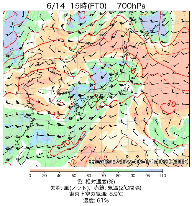 2025年6月14日の日本周辺の700hPa天気図（15時）