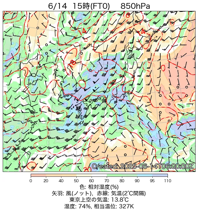 2025年6月14日の日本周辺の850hPa天気図（15時）