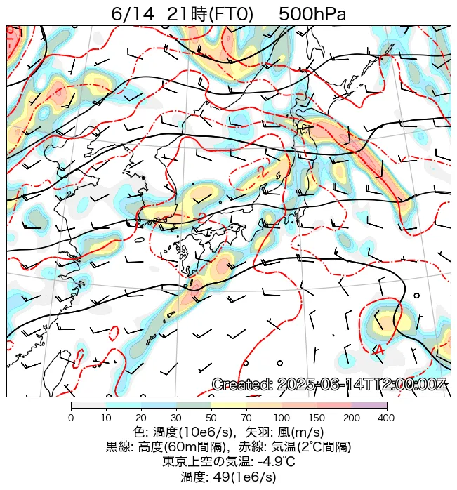 2025年6月14日の日本周辺の500hPa天気図（21時）