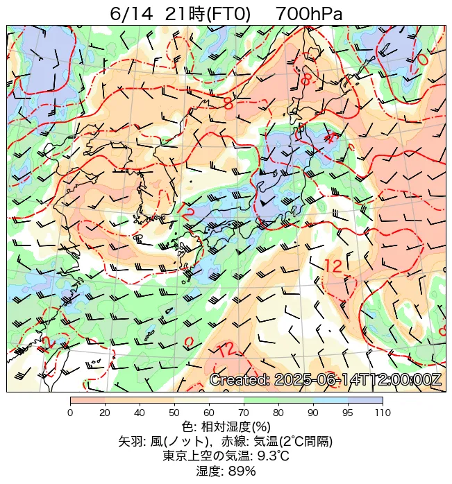 2025年6月14日の日本周辺の700hPa天気図（21時）
