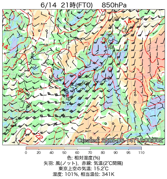2025年6月14日の日本周辺の850hPa天気図（21時）