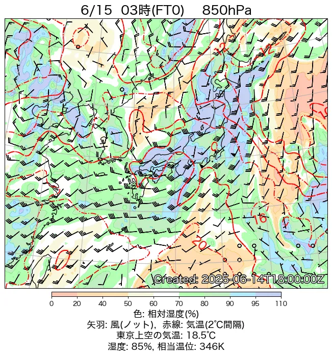 2025年6月15日の日本周辺の850hPa天気図（3時）
