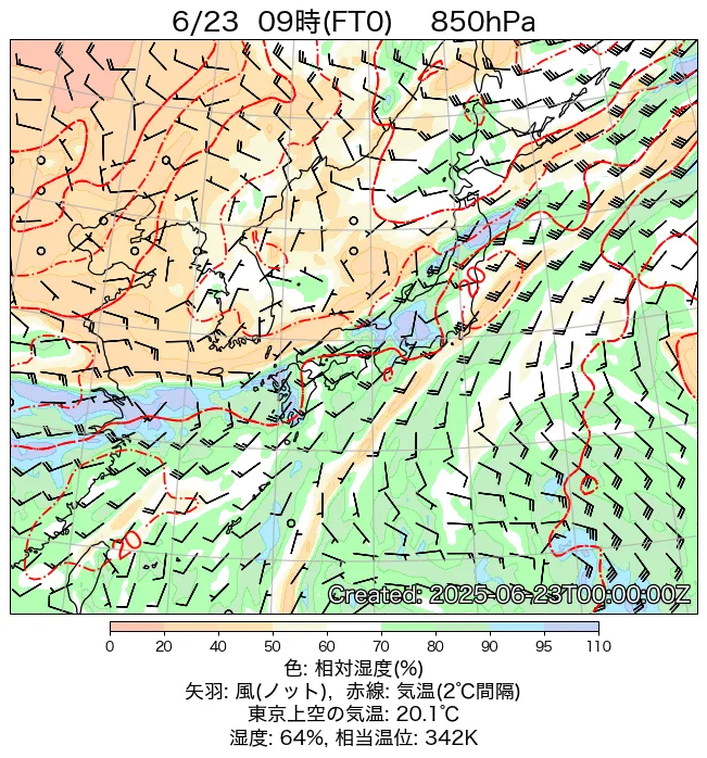 2025年6月23日の日本周辺の850hPa天気図（9時）
