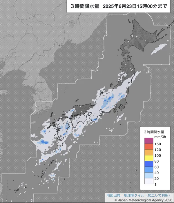 2025年6月23日の日本周辺の12〜15時の3時間解析降水量