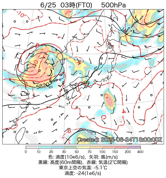 2025年6月25日の日本周辺の500hPa天気図（3時）