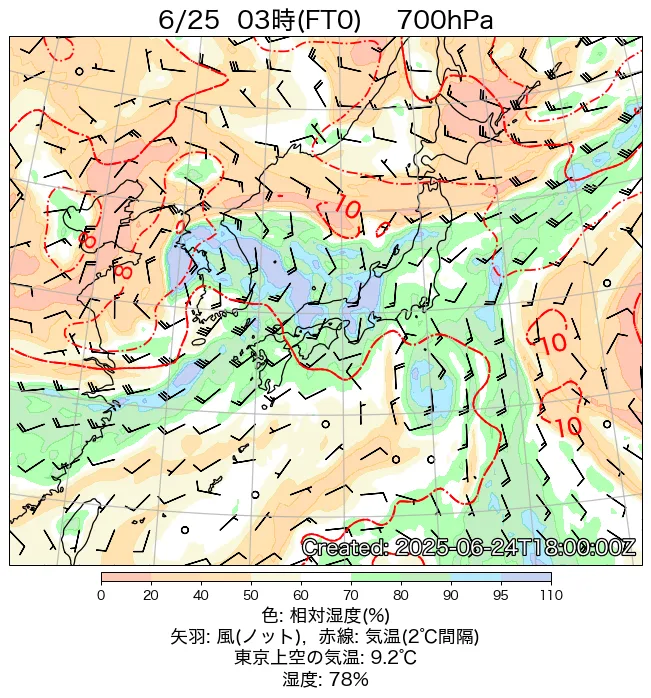 2025年6月25日の日本周辺の700hPa天気図（3時）
