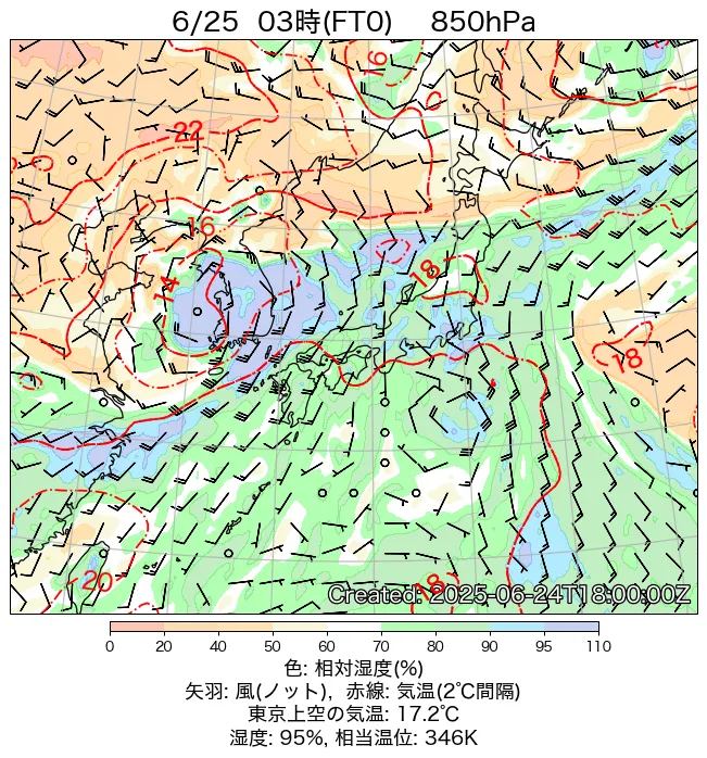 2025年6月25日の日本周辺の850hPa天気図（3時）
