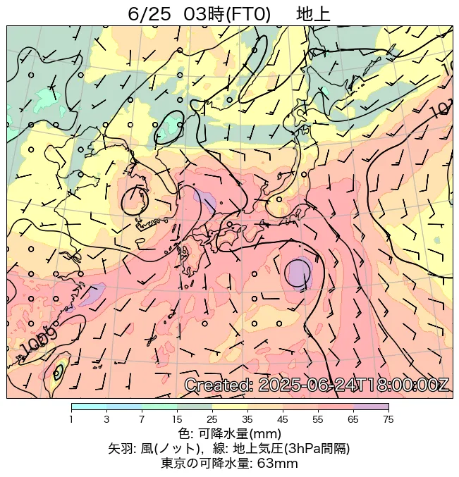 2025年6月25日の日本周辺の地上天気図（3時）