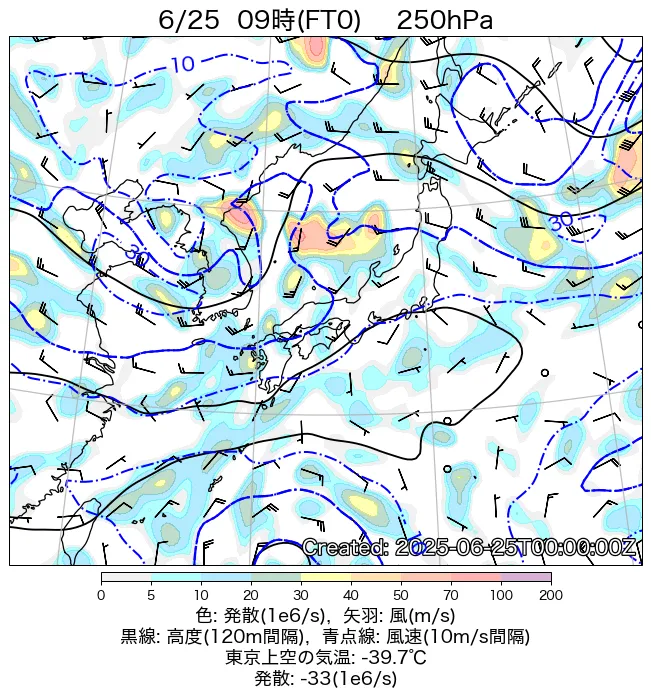 2025年6月25日の日本周辺の250hPa天気図（9時）