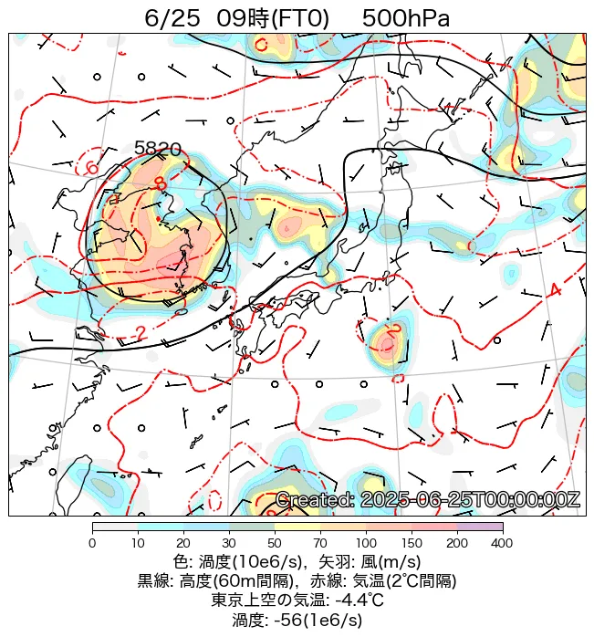 2025年6月25日の日本周辺の500hPa天気図（9時）