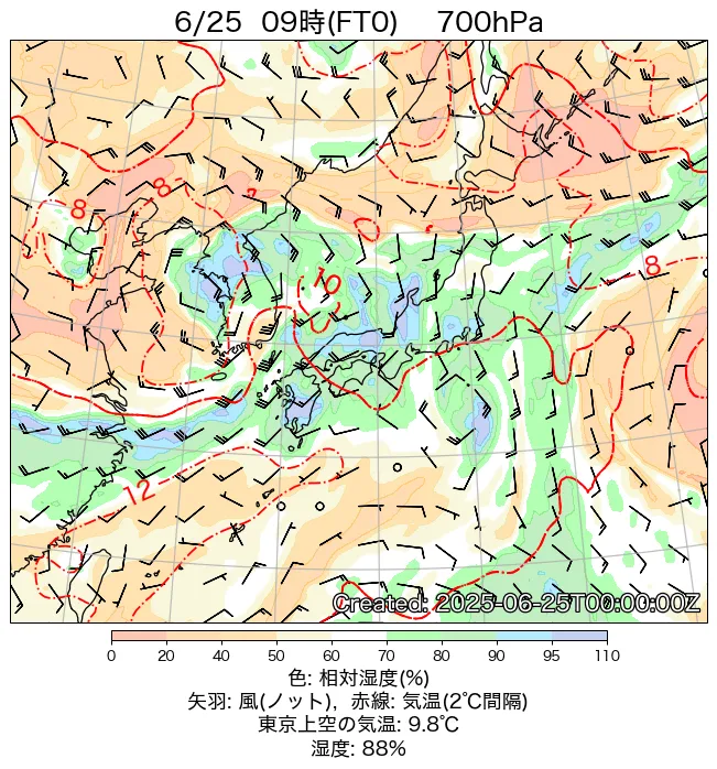 2025年6月25日の日本周辺の700hPa天気図（9時）