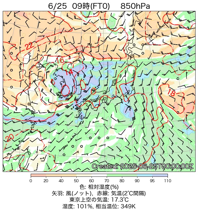 2025年6月25日の日本周辺の850hPa天気図（9時）