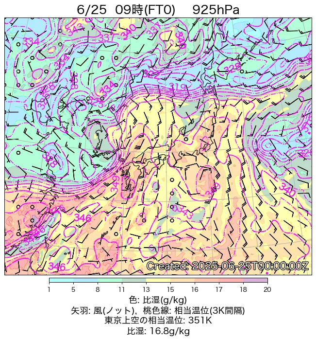 2025年6月25日の日本周辺の925hPa天気図（9時）