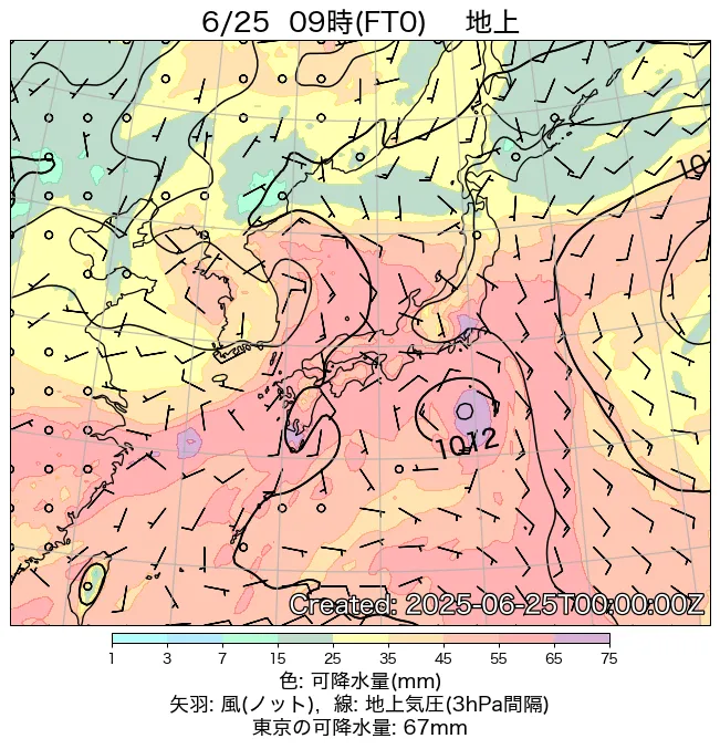 2025年6月25日の日本周辺の地上天気図（9時）