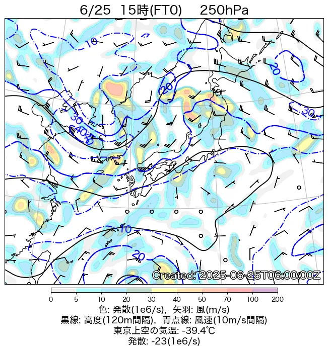 2025年6月25日の日本周辺の250hPa天気図（15時）