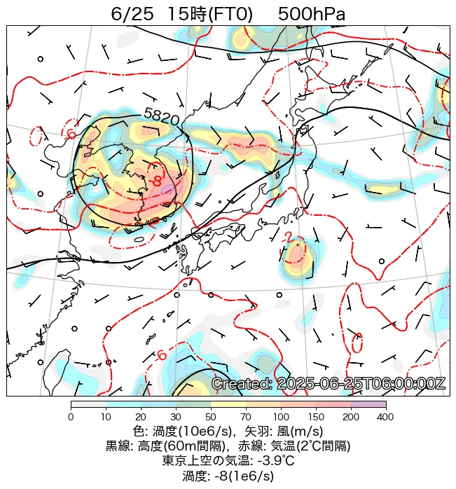 2025年6月25日の日本周辺の500hPa天気図（15時）