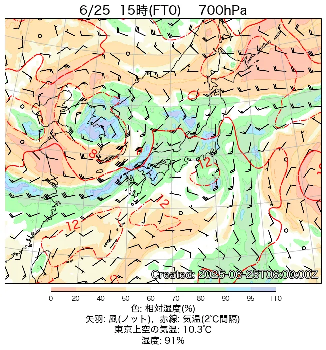 2025年6月25日の日本周辺の700hPa天気図（15時）