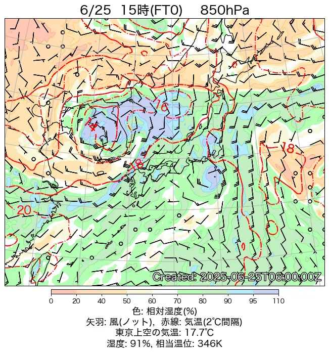 2025年6月25日の日本周辺の850hPa天気図（15時）