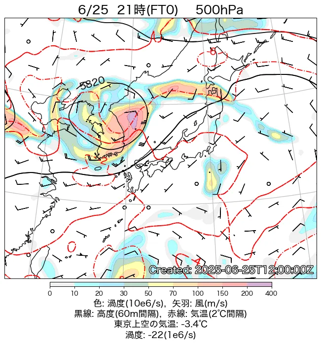 2025年6月25日の日本周辺の500hPa天気図（21時）