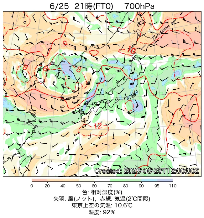 2025年6月25日の日本周辺の700hPa天気図（21時）