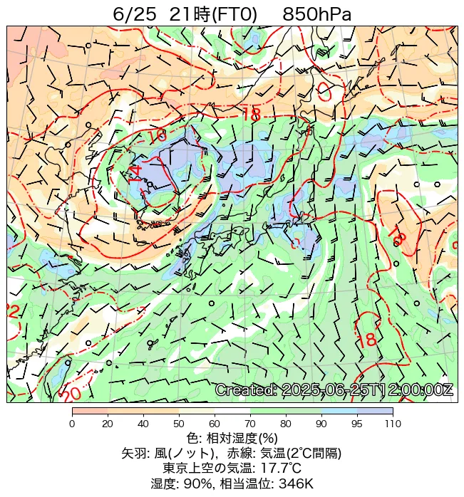 2025年6月25日の日本周辺の850hPa天気図（21時）
