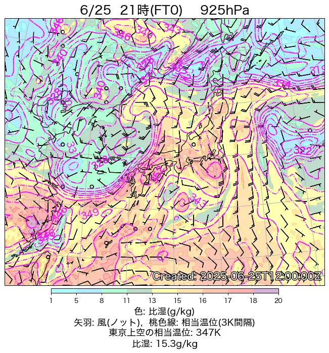 2025年6月25日の日本周辺の925hPa天気図（21時）