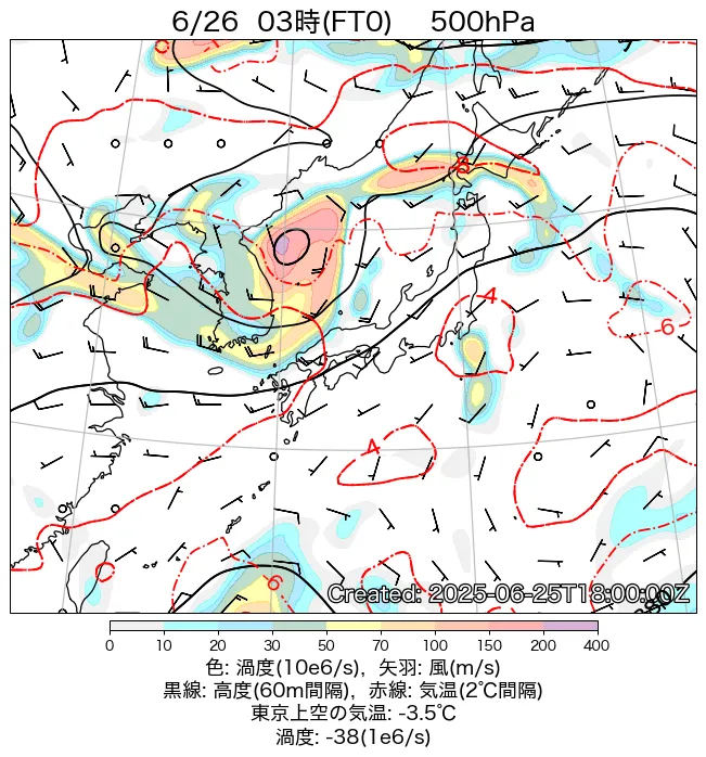 2025年6月26日の日本周辺の500hPa天気図（3時）