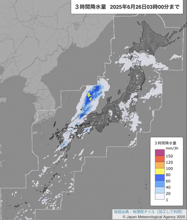 2025年6月26日の日本周辺の0〜3時の3時間解析降水量