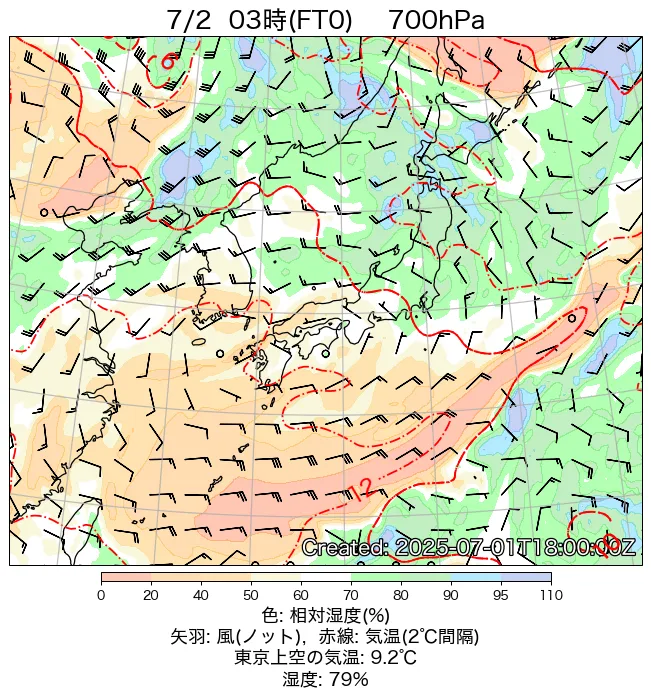 2025年7月2日の日本周辺の700hPa天気図（3時）