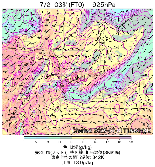 2025年7月2日の日本周辺の925hPa天気図（3時）