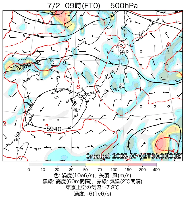 2025年7月2日の日本周辺の500hPa天気図（9時）