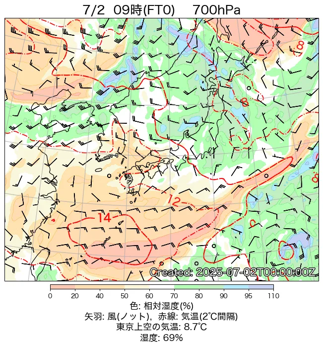 2025年7月2日の日本周辺の700hPa天気図（9時）