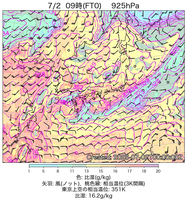 2025年7月2日の日本周辺の925hPa天気図（9時）