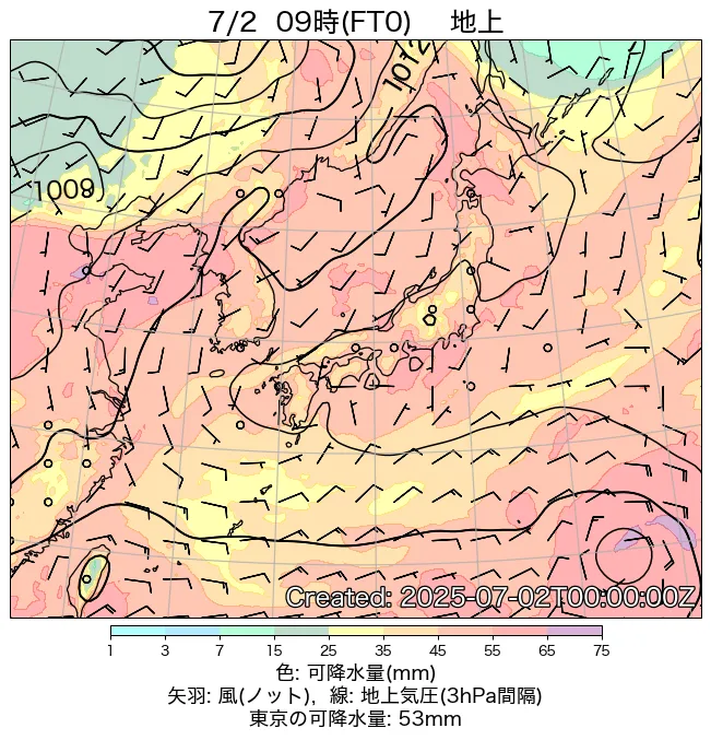 2025年7月2日の日本周辺の地上天気図（9時）