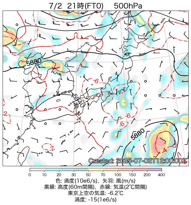 2025年7月2日の日本周辺の500hPa天気図（21時）