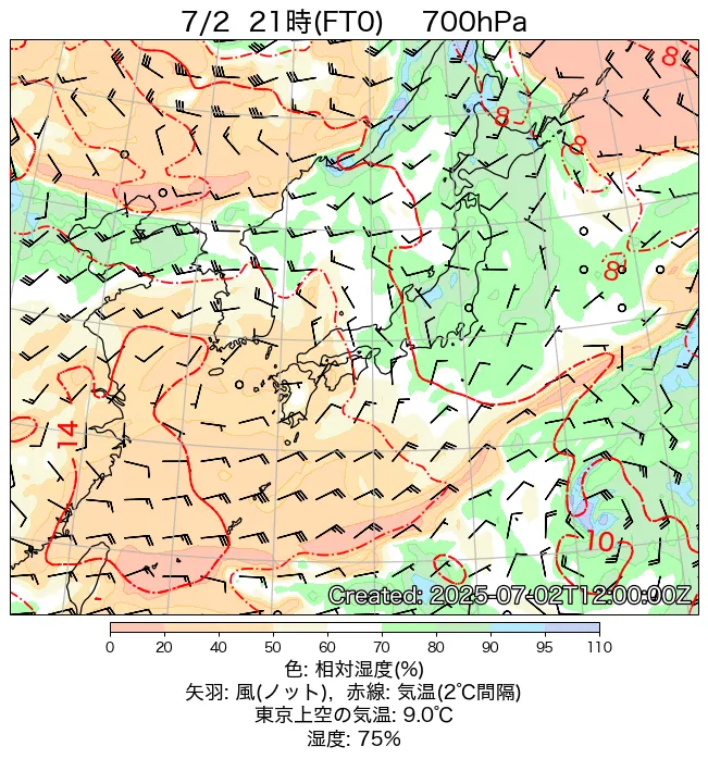 2025年7月2日の日本周辺の700hPa天気図（21時）