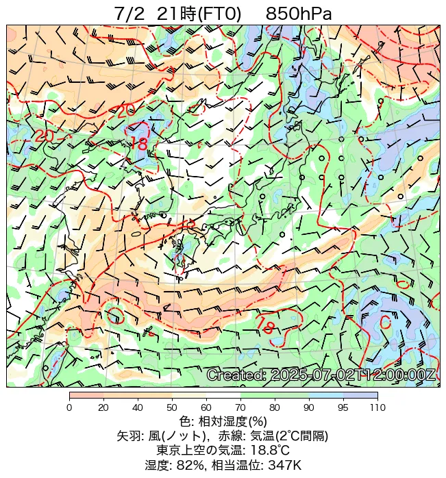 2025年7月2日の日本周辺の850hPa天気図（21時）
