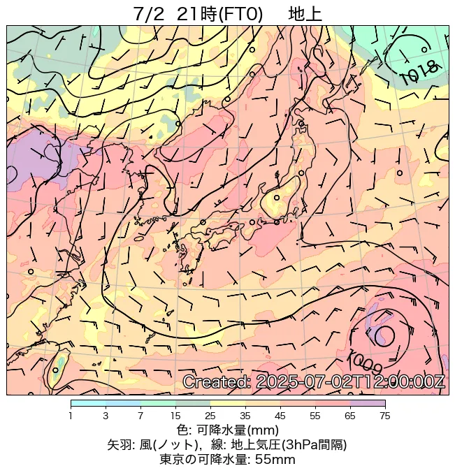 2025年7月2日の日本周辺の地上天気図（21時）