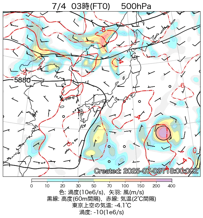 2025年7月4日の日本周辺の500hPa天気図（3時）